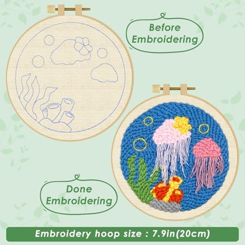 ERKOON Punch Needle Kit Adults Beginners, DIY Easy Ocean Embroidery Set for Starter Art Craft, Needling Punch Project with Patterns, Tools, Yarns, Hoop, Instruction (Jellyfish) - Image 3