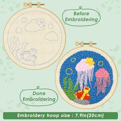 ERKOON Punch Needle Kit Adults Beginners, DIY Easy Ocean Embroidery Set for Starter Art Craft, Needling Punch Project with Patterns, Tools, Yarns, Hoop, Instruction (Jellyfish) - Image 3