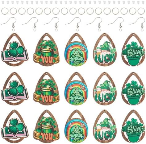 EEE ELECRELIVE 20Pcs St. Patrick's Day Earring Charms Wooden Dangle Earrings Green Leaf Wood Earrings Teardrop Wood Pendants Shamrock Charms with Earring Hooks for Women Jewelry by EEEELECRELIVE