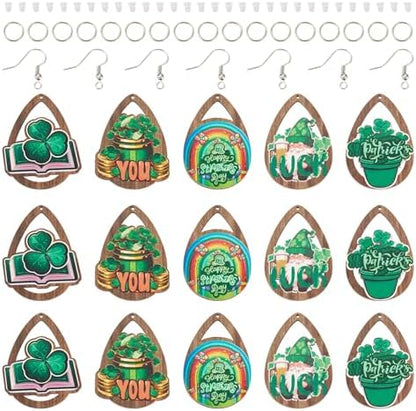 EEE ELECRELIVE 20Pcs St. Patrick's Day Earring Charms Wooden Dangle Earrings Green Leaf Wood Earrings Teardrop Wood Pendants Shamrock Charms with Earring Hooks for Women Jewelry by EEEELECRELIVE