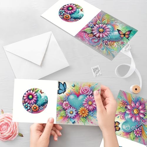12 Pack Diamond Painting Greeting Cards Kit with Envelopes, 5D DIY Heart Flower Butterfly Hummingbird Diamond Art Cards, Mothers Day Valentines Birthday Cards for Women Her - Image 5