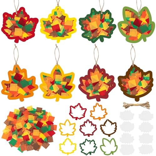 CJiangpo 24 Sets Fall Maple Leaves Suncatcher Paper Craft Kits, DIY Stained Glass Effect Window Ornament Rainbow Tissue Paper Art Craft Classroom Activities Supplies Thanksgiving Party Decor by CJiangpo