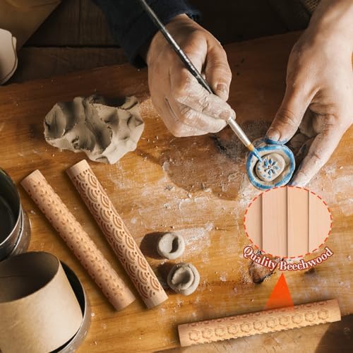 Lzttyee Wooden Handle Pottery Tools Clay Modeling Pattern Rollers, Brown - Image 5