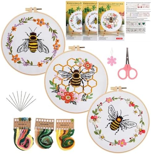 Konrisa Embroidery Kits for Adults Beginner, European Style Bees Collect Honey Stamped Embroidery Starter Kit,DIY Sewing Practice, Needlepoint Cross Stitch Kit,Set of 3 by Konrisa
