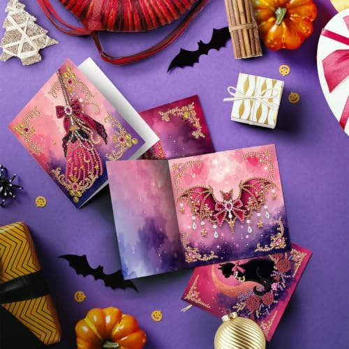 LAKEQUILL DIY Diamond Art Painting Greeting Kit, 12 Pieces, Creative Craft Set，Pink Halloween - Image 3