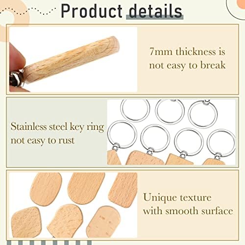 Cunno 40 Pcs Wood Keychain Blanks Unfinished Key Ring, Assorted Shapes - Image 3