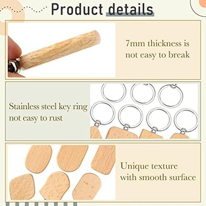 Cunno 40 Pcs Wood Keychain Blanks Unfinished Key Ring, Assorted Shapes - Image 3