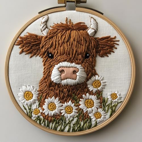DIY Punch Needle Kits Highland Cow and Daisy Flowers with Hoop 20x20cm-7 by Unknown