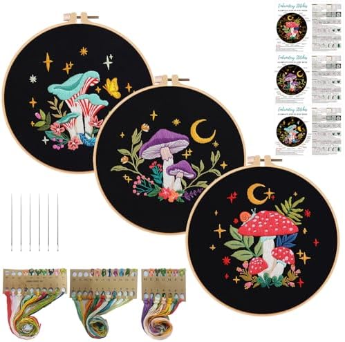 Nuberlic 3 Pack Embroidery Kit for Beginners, Mushroom Cross Stitch Kit by Nuberlic