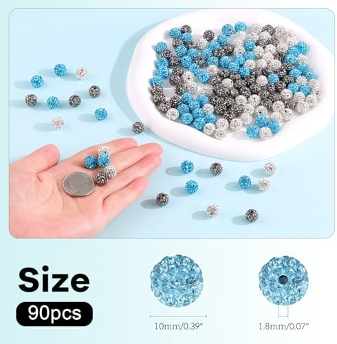 90pcs 10mm Rhinestone Beads for Jewelry Making, Aquamarine+White+Hematite Shiny Round Shamballa Disco Beads, Sparkle Crystal Clay Christmas for Bracelet Baseball Necklace Earring and DIY - Image 3