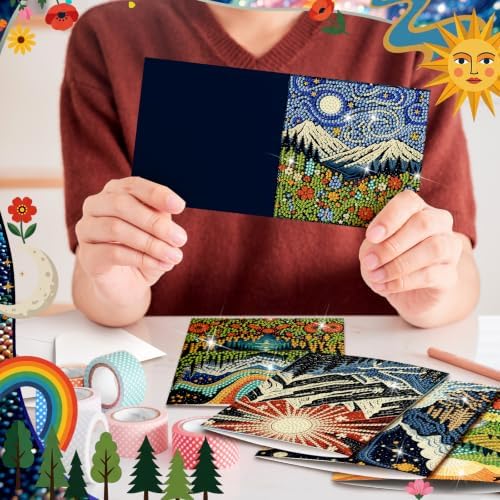 Saillong 12 Pack Boho Diamond Painting Greeting Card Kits DIY Vintage Boho Diamond Art Cards with Envelopes Landscape 5D Rhinestones Painting for Adults DIY Craft Family Friend Gifts - Image 5