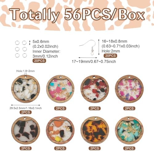 56Pcs Flat Round Resin Wooden Charm Earring Kit with Walnut Wood Statement Dangle Pendants Earring Hooks Jump Rings for Women DIY Crafts Jewelry Making Decoration - Image 2