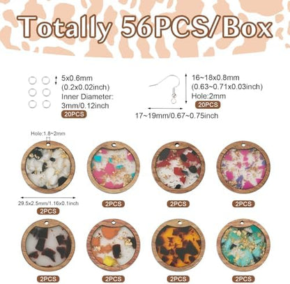 56Pcs Flat Round Resin Wooden Charm Earring Kit with Walnut Wood Statement Dangle Pendants Earring Hooks Jump Rings for Women DIY Crafts Jewelry Making Decoration - Image 2