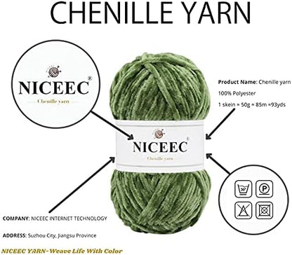 NICEEC 3 Skeins Soft Chenille Yarn 3 x85m (3X 93yds, 3X 50g)_Army Green - Image 4