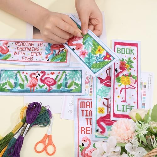 ORIGACH 6 Pcs Cross Stitch Bookmark Kit for Beginner Flamingo Bird Pattern Stamped Embroidery Stitch Kits for Starter DIY Bookmarks Printed Cross Stitch Kits for Book Lovers - Image 3