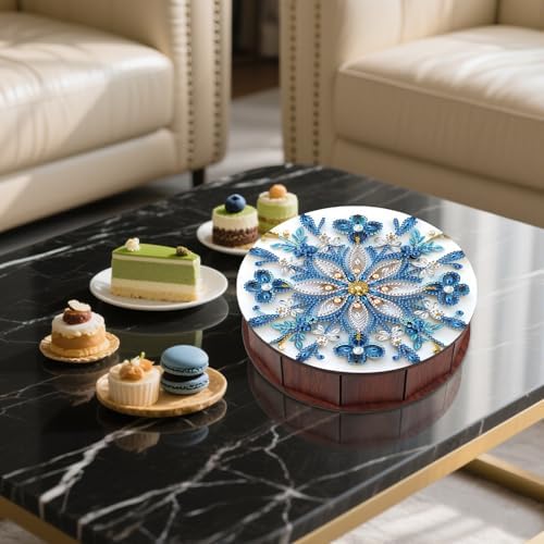 antor Mandala Snowflake Diamond Art Storage Box, Round Wooden DIY 5D Crystal Diamond Painting Desktop Ornament Organizer, Handmade Jewelry or Money Storage Box, Home Office Decor Crafts Gifts - Image 5