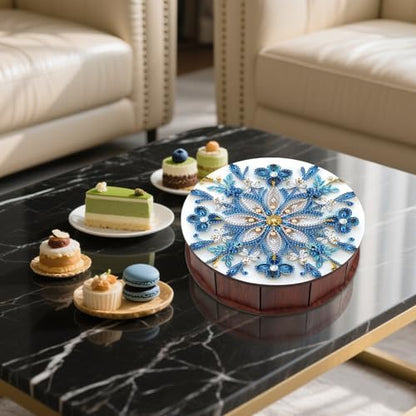 antor Mandala Snowflake Diamond Art Storage Box, Round Wooden DIY 5D Crystal Diamond Painting Desktop Ornament Organizer, Handmade Jewelry or Money Storage Box, Home Office Decor Crafts Gifts - Image 5