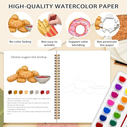 Fast Food Favorites Watercolor Workbook, 12 Patterns Watercolor Kit for Beginners, Step-by-Step Water Coloring Book, 18 Colors Watercolors Paint Set, Art Gift for Adults Teen - Image 3