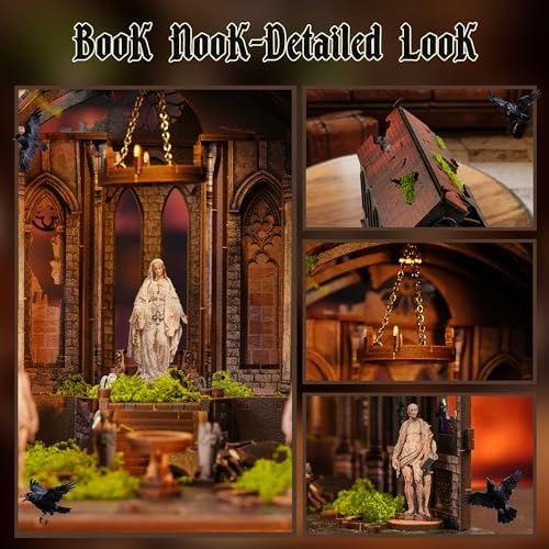 Lost Cathedral Book Nook Kit – 254-Piece 3D Wooden Puzzle with LED Lights, Gothic Miniature Bookshelf Insert Decor, DIY Craft Model for Adults & Teens - Image 3