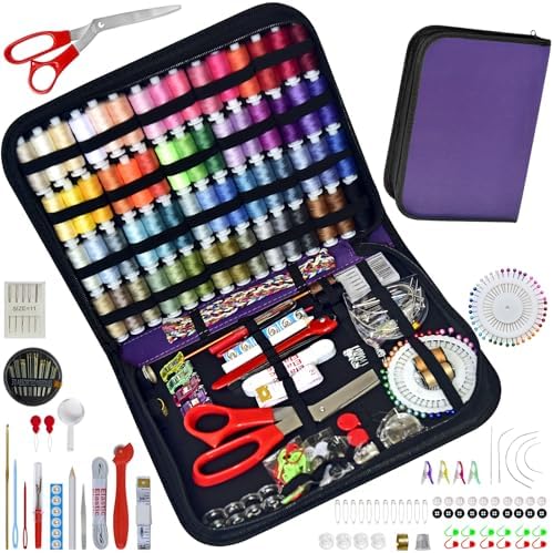Sewing Kit with Case Portable Sewing Supplies for Home Traveler, Adults, Beginner, Emergency, Contains 60 Sewing Thread, Scissors, Needles, Measure etc（Dark Violet，XL) by LE+PAON
