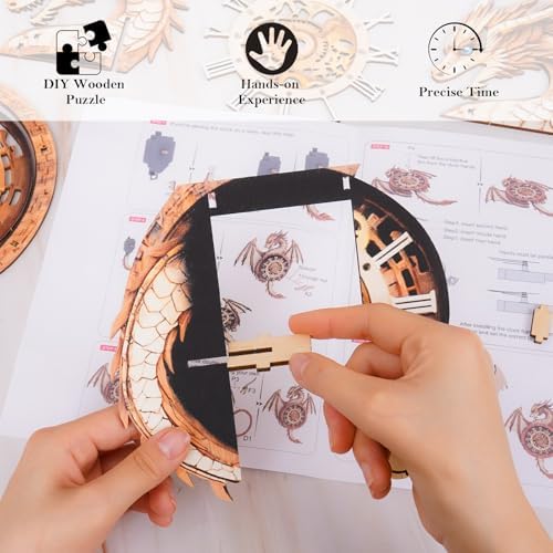3D Wooden Puzzles for Adults – Dragon Clock 3D Puzzles Art and Craft Kits, Unique Shape Wood Clock for Adults, Handmade Model Building Kit DIY Hobbies, Gifts for Family, Wall Art Home Decor - Image 3
