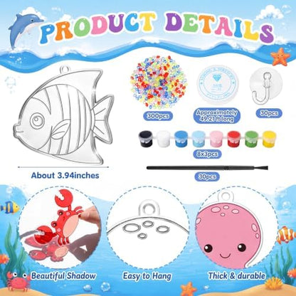 Dunzoom 30 Set Under the Sea Suncatcher DIY Craft Kit Acrylic Ocean Animals Window Art Paint Activity for Birthday Party Favors Summer Camp Classroom Activity 10 Designs Colorful Beads Paint - Image 2