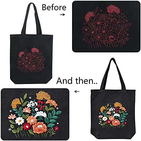 MAMUNU Canvas Tote Bag Embroidery Kit with Pattern for Beginners, Arts and DIY Crafts Kits for Adults, Include Instructions Embroidery Bag, Embroidery Hoops, Color Threads and Tool (Black) - Image 5