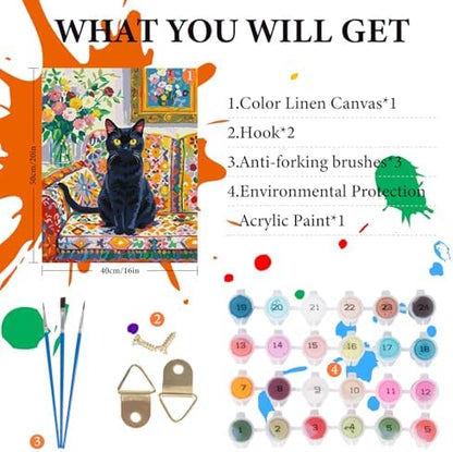 Fountor Cat Paint by Numbers Kit for Adults Beginner, Black Cat Adult Paint by Number Kits on Canvas Without Frame, Cat Flowers Oil Painting by Numbers for Home Decor Gift 16” W x 20”L - Image 4