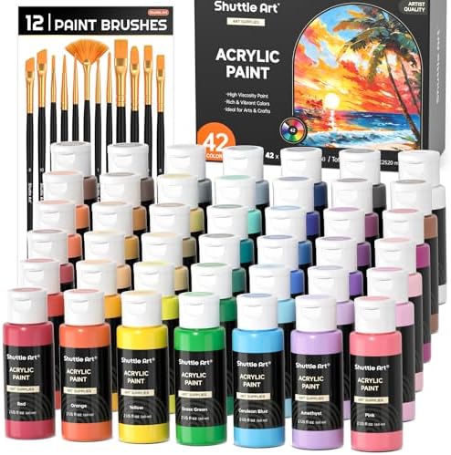 Shuttle Art Acrylic Paint, 42 Colors Acrylic Paint Set with 12 Brushes, 2oz/60ml Bottles, Rich Pigmented, Water Proof, Premium Paints for Artists, Beginners and Kids on Canvas Rocks Wood Ceramic by ShuttleArt