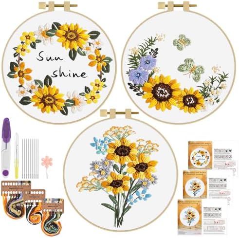 ERKOON 3 Sets Embroidery Kit, Floral Cross Stitch Set for Include Embroidery Cloth Hoops Threads for Craft Lover Hand Stitch (Sunflower) by ERKOON