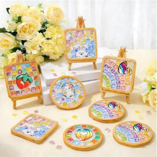 GHAHILI 3 Sets DIY Glass Mosaic Tiles for Crafts with Wooden Coasters - Graduation Birthday Gifts Mosaic Kits for Adults Women Mosaic Art Kits Craft Handmade Making Kit Set Decorations for Home Gift - Image 2
