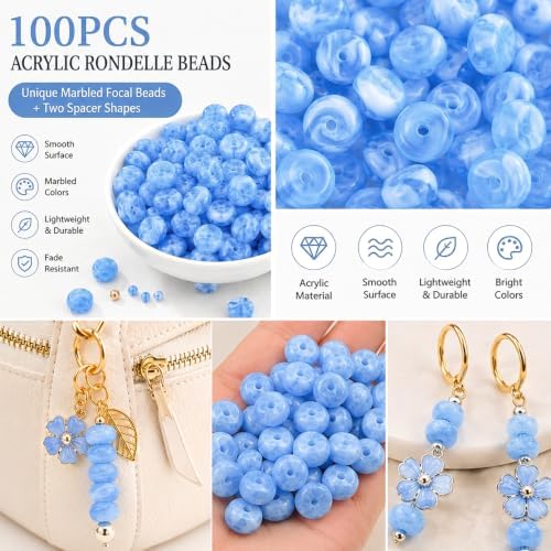 100Pcs 14mm Large Acrylic Beads for Jewelry Making, Chunky Marbled Round Focal Beads Bulk Set with Spacer Beads for DIY Bracelets Necklaces Keychains Bag Charms (Light Blue) - Image 3