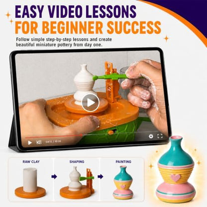 Precision Mini Pottery Wheel for Kids – Mini Pottery Kit with Strong Motor, Air Dry Clay & 6 Precision Shape Guides – Create Miniature Vases, Bowls & Candle Holders – Pottery Kit for Kids Ages 8-12 - Image 6