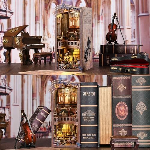 fifijoy Timeless Melody Book Nook - DIY Miniature Dollhouse Music Kit for Adults, 3D Wooden Puzzle Bookends Bookshelf Insert Decor with LED Light, Gifts for Family, Friends - Image 2