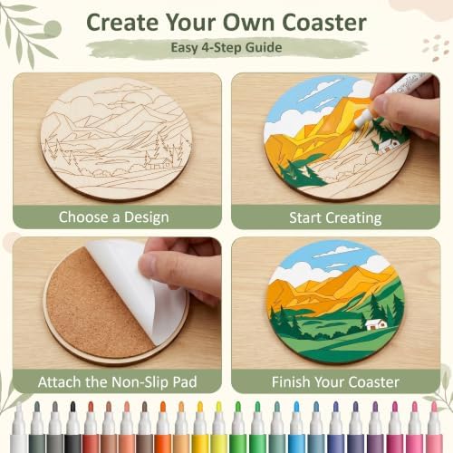 Wooden Drink Coasters Kits for Adults, 65 Pcs Paint Your Own Set with 24 Markers, 20 Coasters, 20 Cork Mats, 1 Holder(Landscape) - Image 4