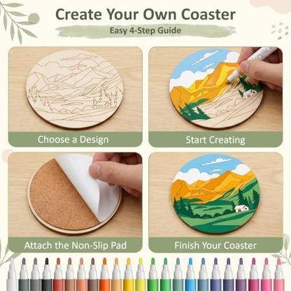 Wooden Drink Coasters Kits for Adults, 65 Pcs Paint Your Own Set with 24 Markers, 20 Coasters, 20 Cork Mats, 1 Holder(Landscape) - Image 4