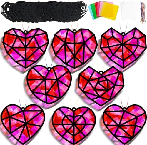 32 Sets Heart Suncatchers Craft Kit for Valentine's Day DIY Window Stained Glass Paper Pink Love Home School Classroom Decor Valentines Art Craft Creative Activity Project Kid Christmas Gift Favor by Lonfliness
