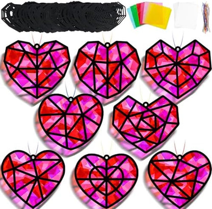 32 Sets Heart Suncatchers Craft Kit for Valentine's Day DIY Window Stained Glass Paper Pink Love Home School Classroom Decor Valentines Art Craft Creative Activity Project Kid Christmas Gift Favor by Lonfliness