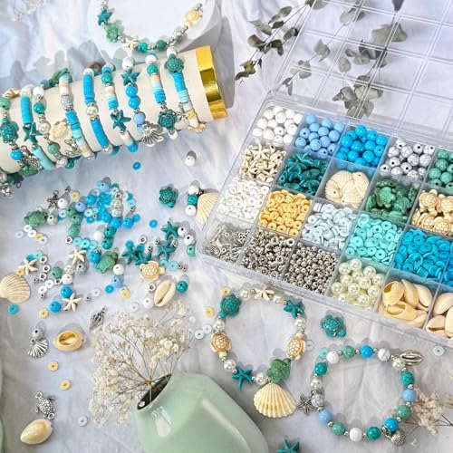 1860Pcs Ocean Beads for Bracelets Making Kit, Blue and White Summer Beach Bead for Jewelry Making, Sea Turtle Shell Starfish Shape Beads 8mm Round Cly Bead for DIY Craft Bracelets Earring (Blue) - Image 7