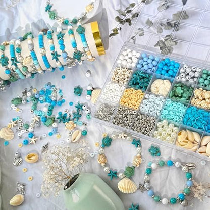 1860Pcs Ocean Beads for Bracelets Making Kit, Blue and White Summer Beach Bead for Jewelry Making, Sea Turtle Shell Starfish Shape Beads 8mm Round Cly Bead for DIY Craft Bracelets Earring (Blue) - Image 7