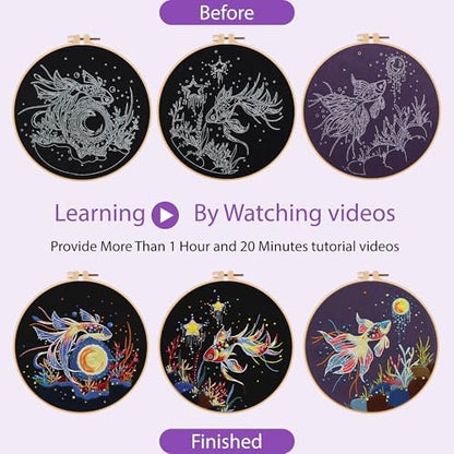 Uniartfy 3 Sets Hand Embroidery Starter Kits for Beginners Adults, Goldfish Stamped Cross Stitch Kit, DIY Needlepoint Kit with Cloth, Hoop,Threads and Instruction, Easy to Learn Embroidery Starter Kit - Image 4