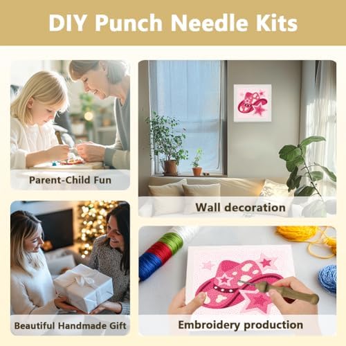 DOODLREAM Weatern Cowboy Punch Needle Kit for Beginner, 9.4"x9.4" Pink Star Hat Stitching Craft Set, DIY Embroidery Starter with Printed Frame, Instruction, Threader, Yarn, Pinch Needle - Image 4