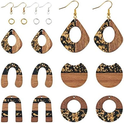FASHEWELRY 10Pcs Resin Wood Earrings Charms Teardrop Flat Round Wooden Earring Blanks Wooden Earring Findings for Earrings Making Kits with 60Pcs Earring Hooks & Jump Rings by FASHEWELRY