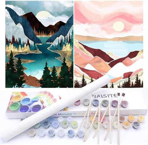 BAISITE Paint by Numbers Kit for Adults Beginners,12" Wx16 L 2 Pack Canvas for Painting Kits for Adults in Colorful Box-Sunset Lake Mountains1112 by PaintbyNumbersKitsforAdults