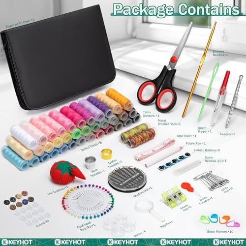 KEYHOT Sewing kit Basic,Needle and Thread Kit,Travel Small Sewing Machine Supplies for Adults Beginners Men, Home Travel Emergency Including Scissors Measure Tape Needle Threader (183pcs) - Image 2