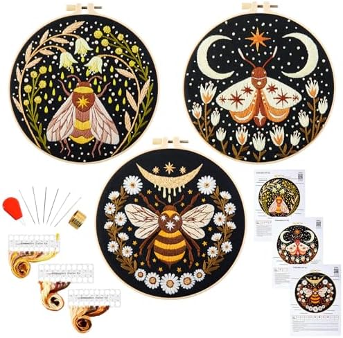 Hand Embroidery Starter Kits for Beginners Adults, Counted Stamped Cross Stitch Kit for Beginners Adults, Embroidery Needlepoint Kit with Moth Flower Pattern, 3 Hoops (Attached Teaching Video QR Code) by Armindou