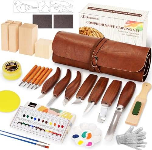 Wood Carving Kit, 46Pcs Wood Carving Tools with 6pcs Whittling Knives & 5pcs Detail Knives &12 Color Paint Set & Beewax, Whittling Kit for Beginners and Enthusiasts by KKERNOWO