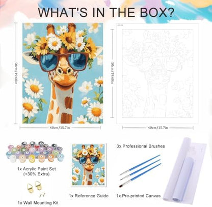 Natuyalo Paint by Numbers Kit for Adults - Giraffe with Sunglasses Adult Paint by Number Kits on Canvas for Beginners, Daisy Sunflower DIY Acrylic Number Painting Kits for Home Wall Decor 16x20 inch - Image 5
