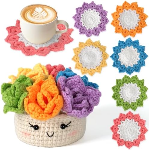 LOMOHOO Crochet Kit for Beginners, 6PCS Crochet Coasters Kit, Flower Potted Plant Crochet Kit with Crochet Hook, Colorful Yarn, Stitch Marker, Instruction, Craft Lover DIY Material Tools(Colorful) by LOMOHOO