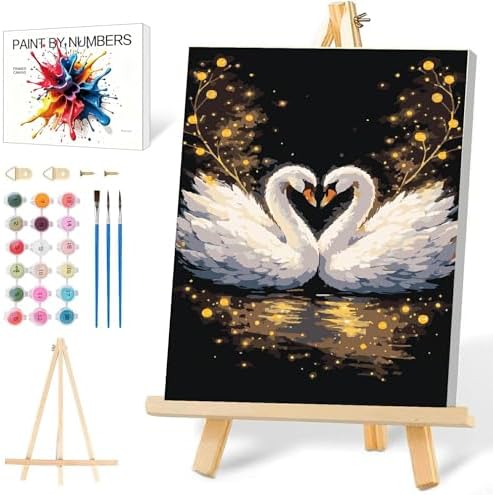 Mowana Swan Paint by Numbers Kit for Adults Framed Canvas - with Wooden Easel, Adults' Paint-by-Number Kits DIY Acrylic Oil Painting Kits Arts Crafts 7.8x11.8inch by Mowana